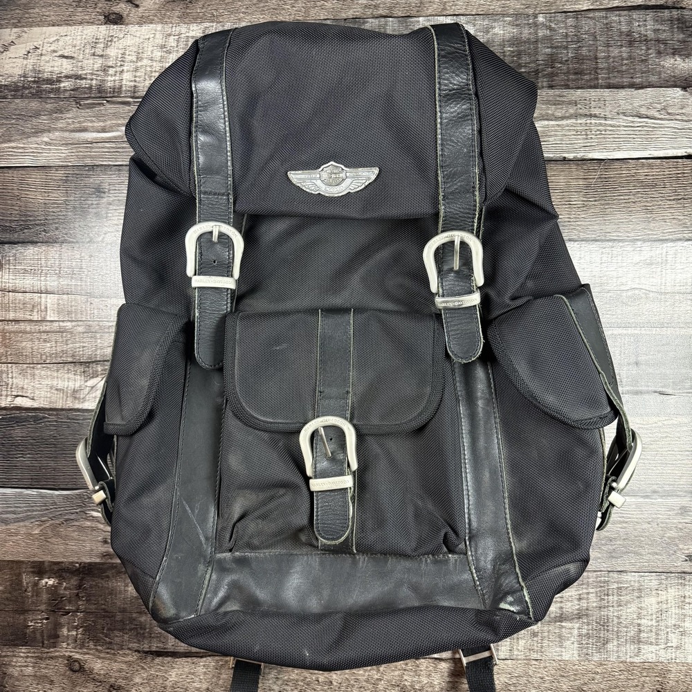 Harley-Davidson Black Nylon Backpack 20in Mens Motorcycle Bag Leather Trim